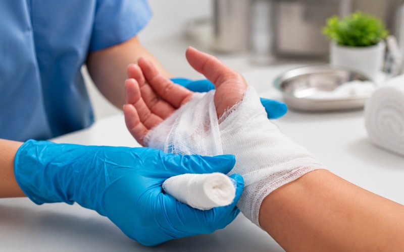 Wound care specialist changing a dressing during treatment