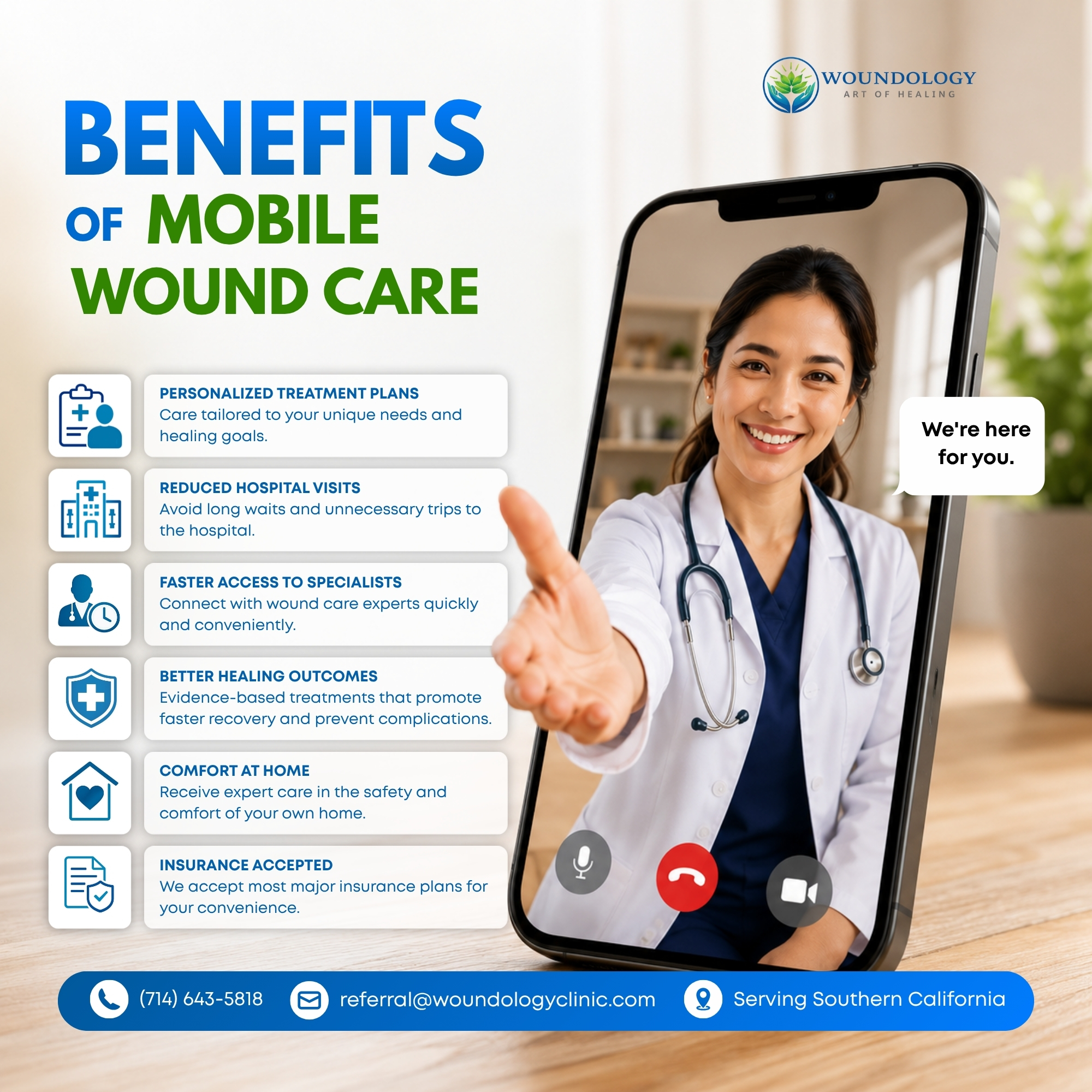 Benefits of Mobile Wound Care in Irvine, CA including personalized treatment plans, faster access to specialists, better healing outcomes, and physician-led care at home