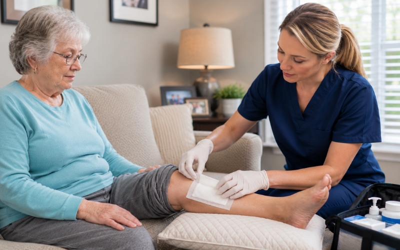 Mobile wound care specialist providing advanced in-home wound treatment for a patient in Garden Grove