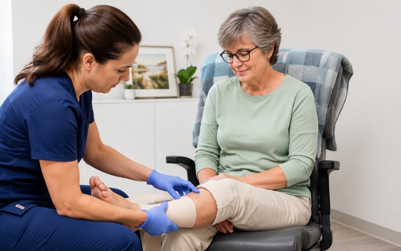 Mobile wound care specialist providing expert wound care to a patient at home in Orange County
