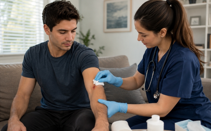 Professional wound care specialist examining a patient with a slow-healing wound at home