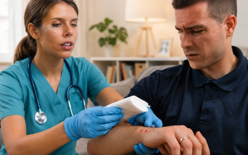 mobile wound care specialist treating patient at home in Fullerton