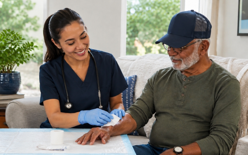 Patient and caregiver receiving compassionate mobile wound care services in Irvine, CA from Woundology