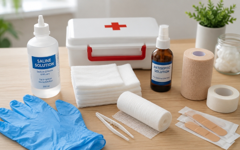 First aid kit with gauze, gloves, saline solution, and bandages