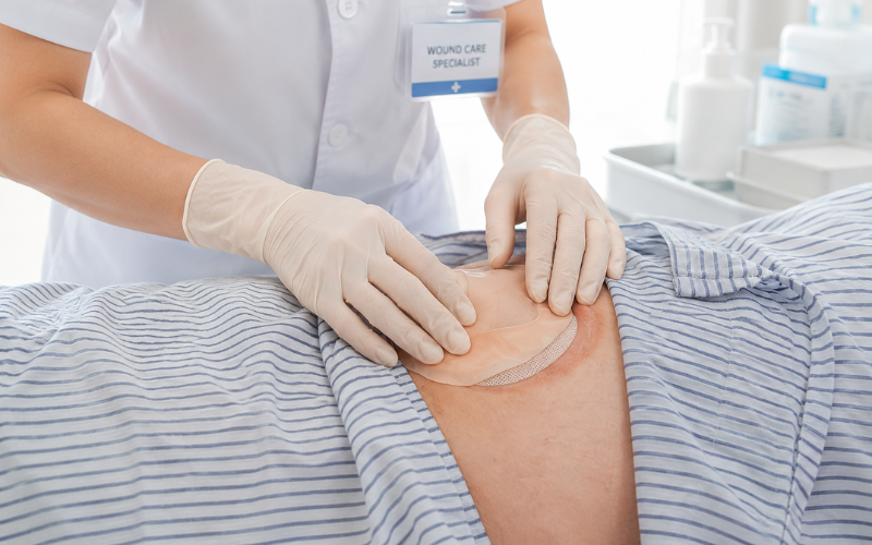 Mobile wound care specialist assisting ostomy patient at home