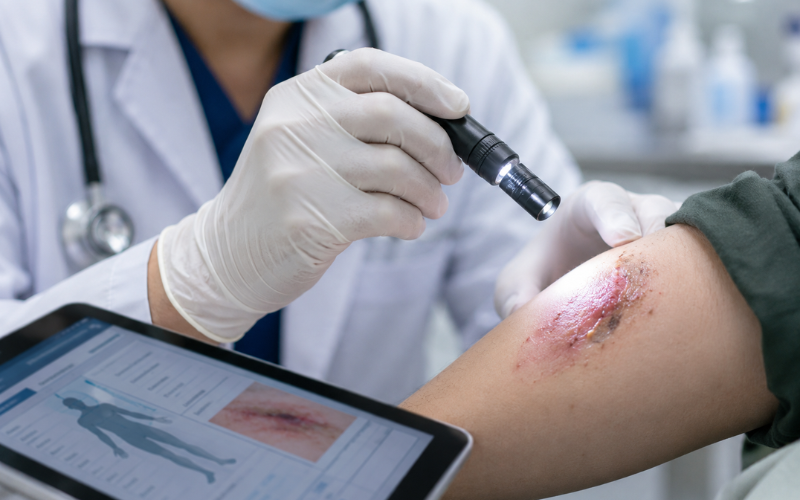 Healthcare provider assessing chronic wound condition