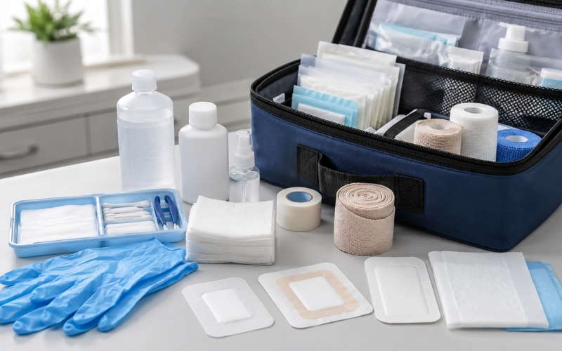 Clean medical wound care supplies including gloves, gauze, dressings, tape, and bandages prepared for mobile wound care